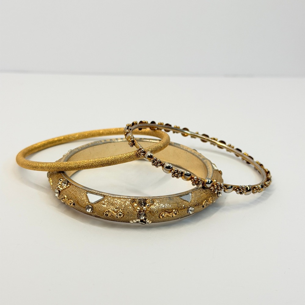 Luxe Gold Boho Bangles Rhinestone Glitter Textured Stackable Bracelets 3pc Set - Picture 7 of 9